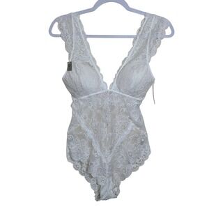 Sophie B. White Lace Teddy Bodysuit L Sheer Lingerie NWT Floral Bridal Wedding‎